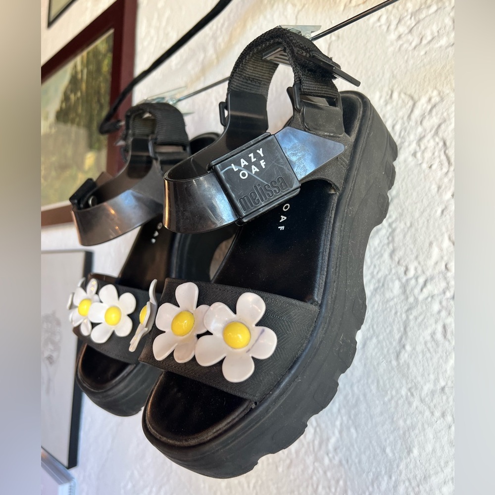 Melissa x Lazy Oaf Black Kickoff Sandals with White and Yellow Daisies